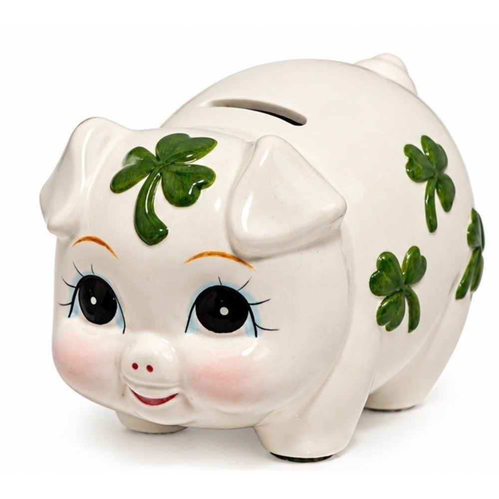 Vintage Lefton Piggy Bank Raised Lucky Irish Shamrock Clover Anthropomorphic Pig